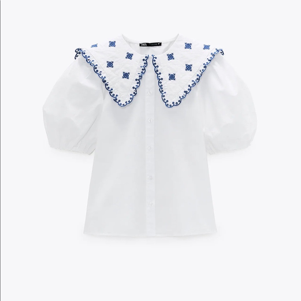 BNWOT Zara Embroidered Poplin Short Sleeve Puff Top Blouse - XS (Blue/White)